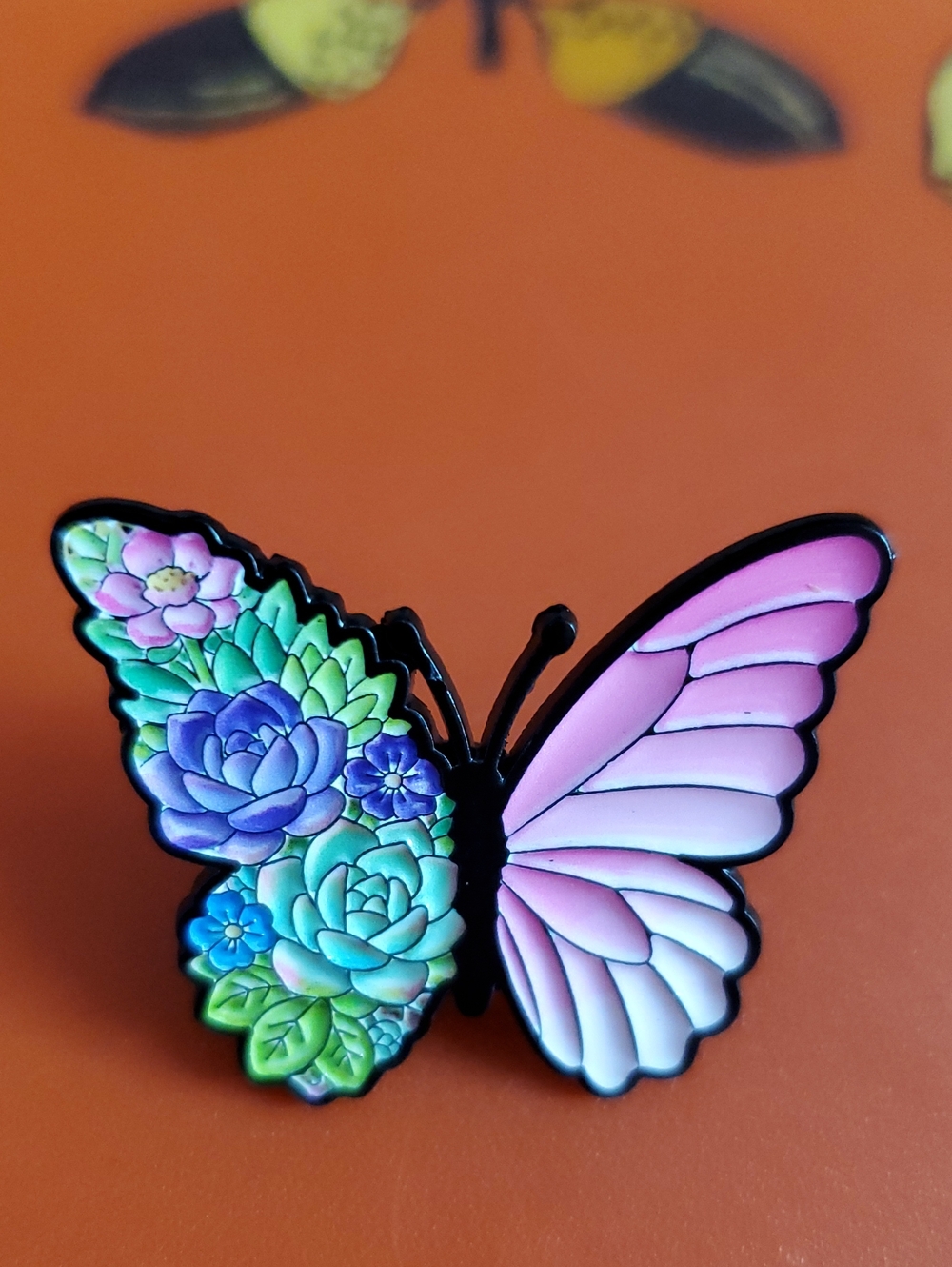 Floral Succulent Butterfly Enamel Pin - Pink & Multicolor